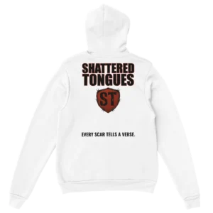 Shattered Tongues Hoodie Back - Every scar tells a verse