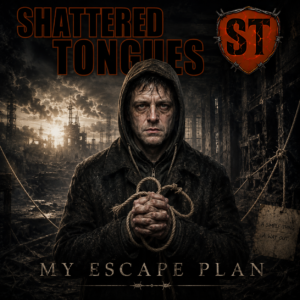 Shattered Tongues My Escape Plan official single cover artwork featuring the central character beneath a dramatic stormy sky.