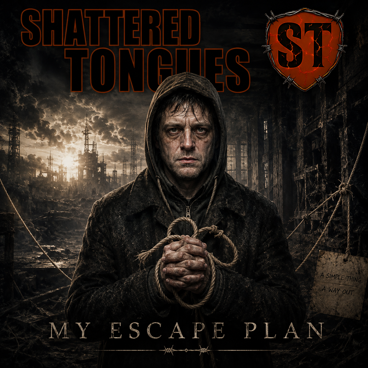 Shattered Tongues My Escape Plan official single cover artwork featuring the central character beneath a dramatic stormy sky.